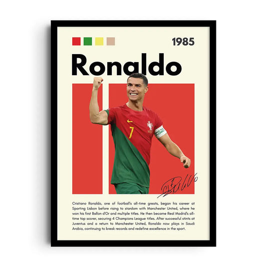 Framed poster of Cristiano Ronaldo in an intense, motion-filled football design