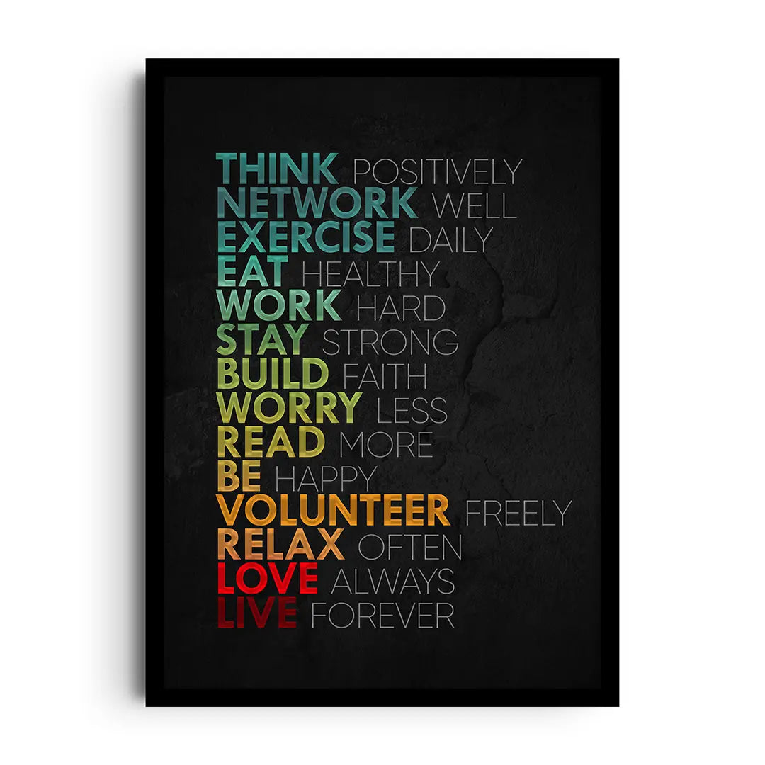Framed poster listing simple rules to thrive in clean modern typography with a calm minimalist palette