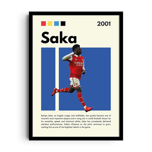 Framed modern poster of Bukayo Saka in dynamic motion with a team-inspired colour palette