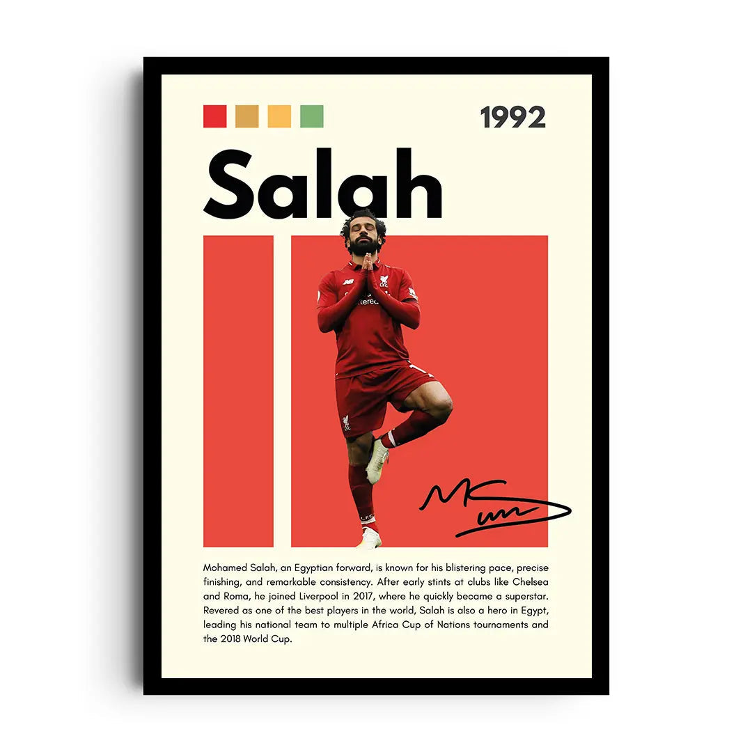 Framed action poster of Mohamed Salah under stadium lights with dynamic motion and bold accents