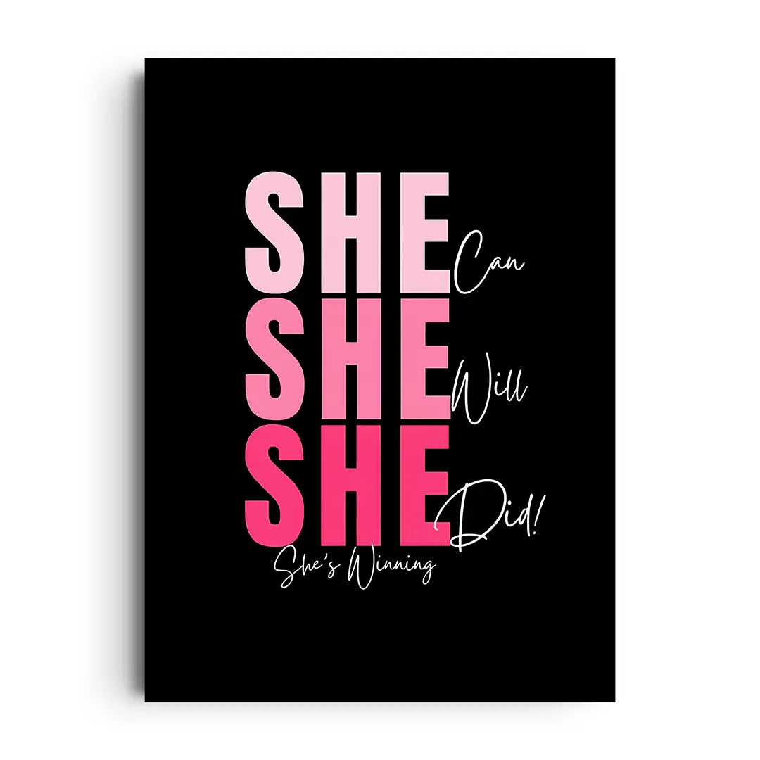 Framed motivational typography poster reading She Conquer with modern lettering and soft accents