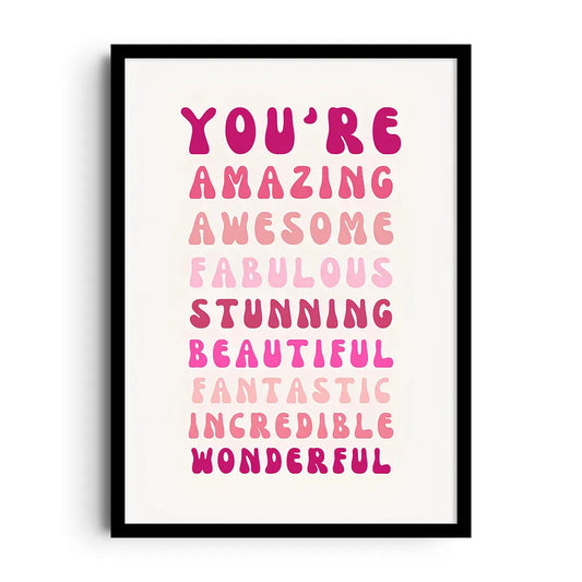 Framed pastel poster of stars and a crescent moon with Shine Bright lettering for a girls room