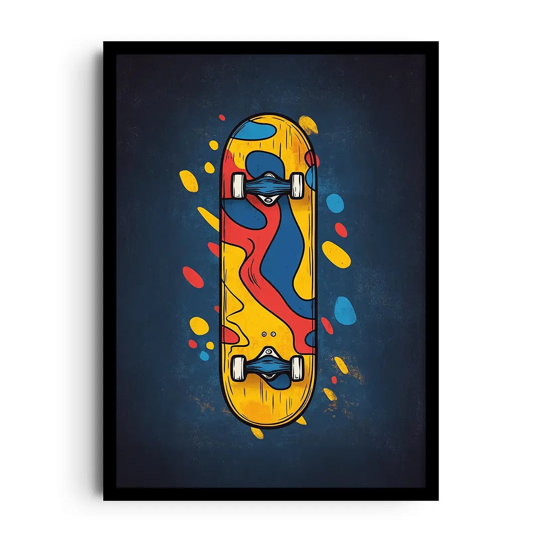Framed poster of a skateboarder mid-trick surrounded by colorful paint splashes, vibrant skate wall art