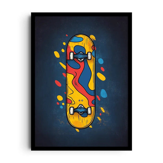 Framed poster of a skateboarder mid-trick surrounded by colorful paint splashes, vibrant skate wall art