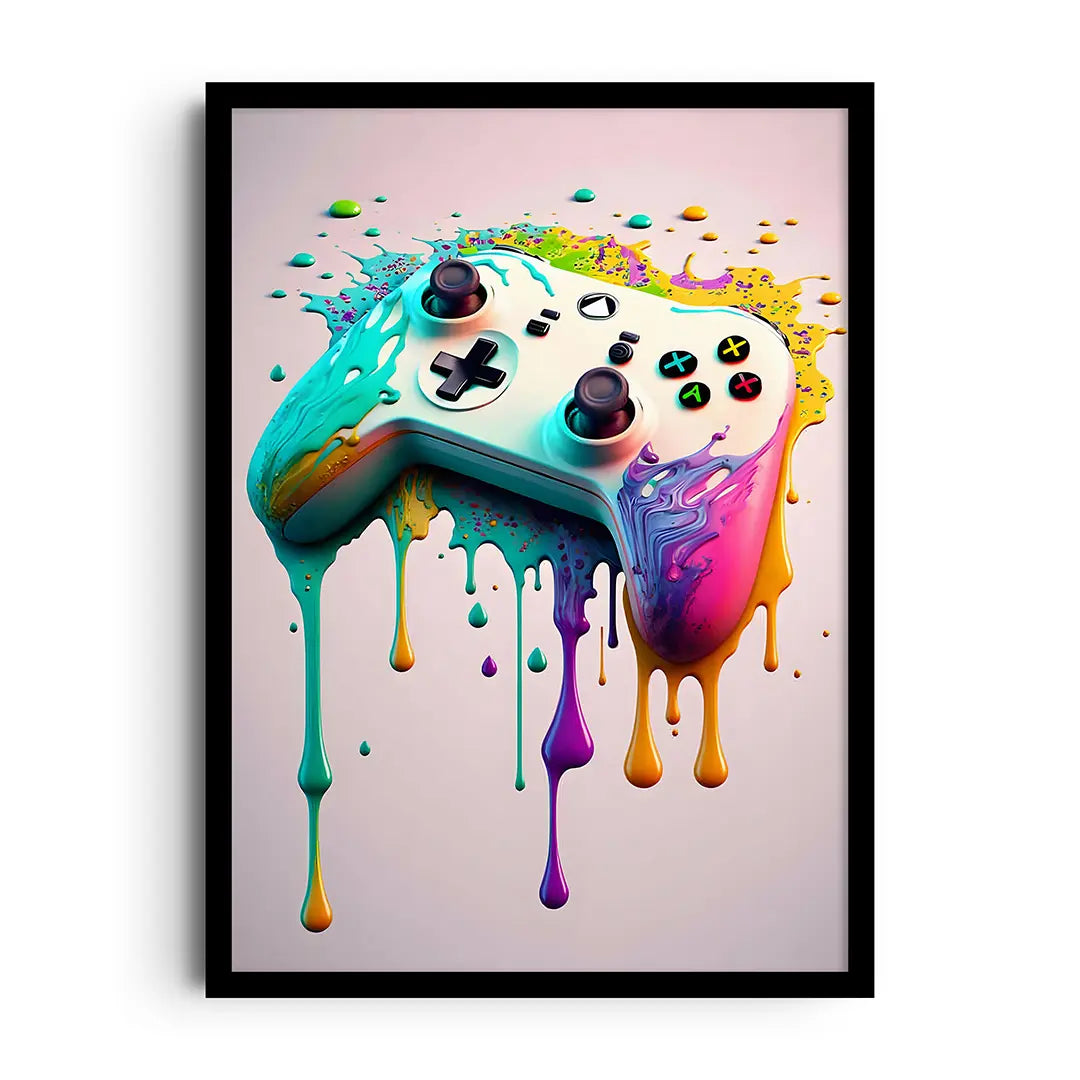 Framed poster of vivid neon colour splashes with gaming motifs, energetic wall art for a game room