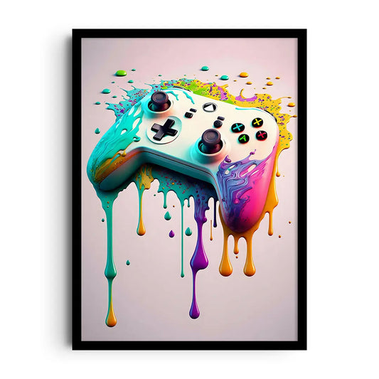 Framed poster of vivid neon colour splashes with gaming motifs, energetic wall art for a game room
