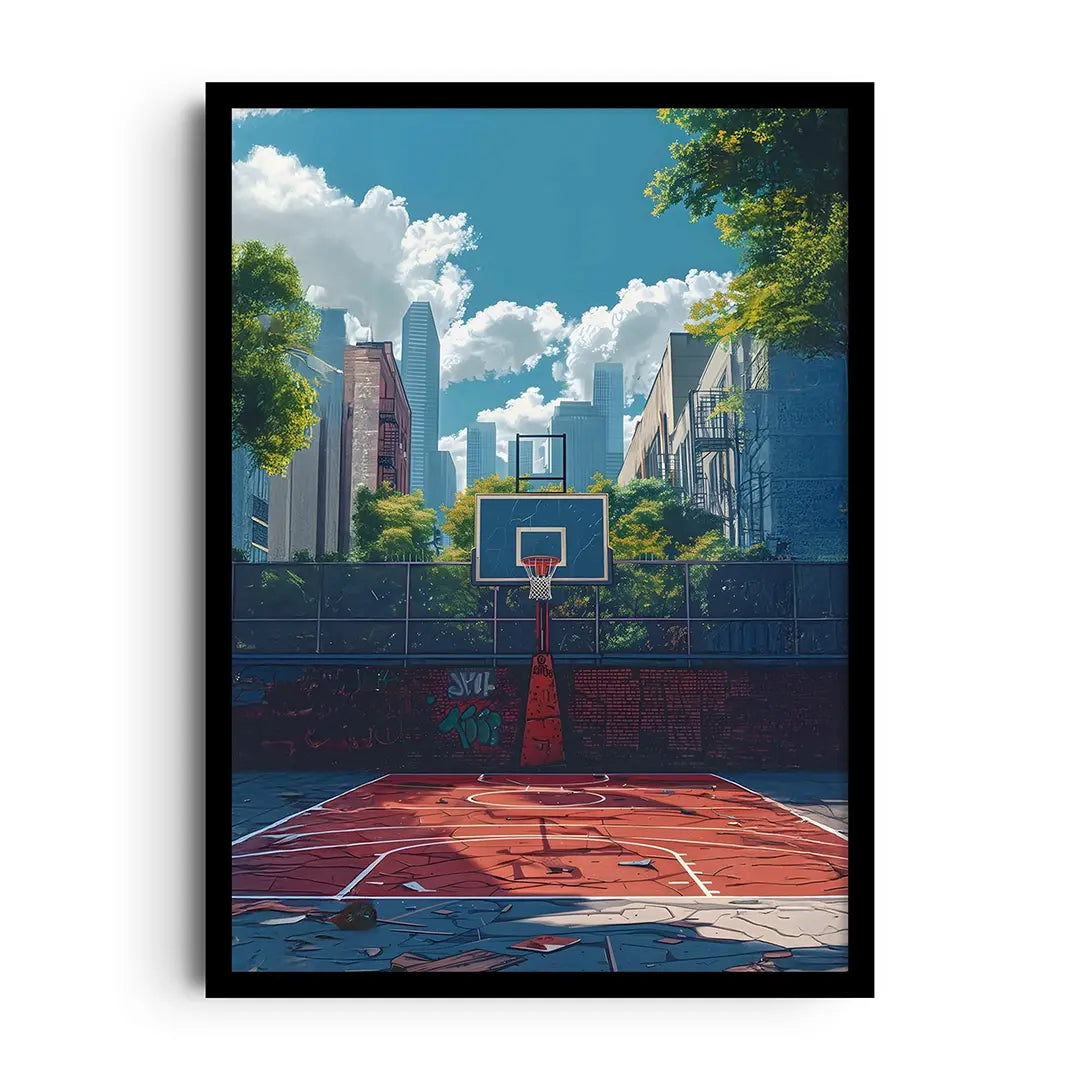Framed poster of an urban street basketball court with bold graphics and gritty tones, streetball wall art