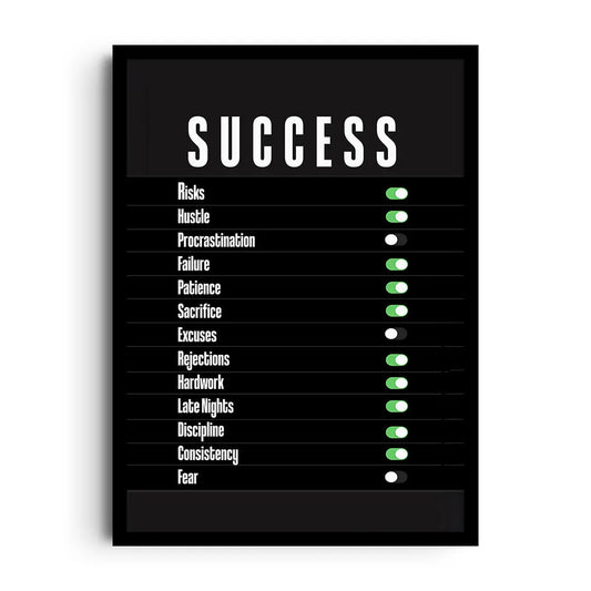 Framed poster with a light switch icon flipped to success beside clean motivational typography