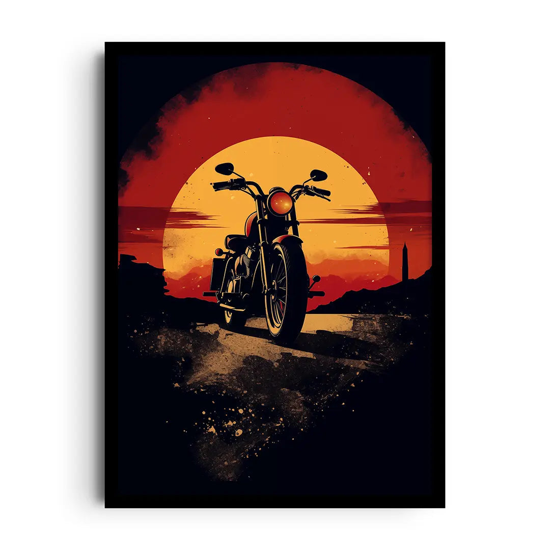 Framed poster of a classic car silhouette cruising a coast road under warm sunset gradients, retro car wall art