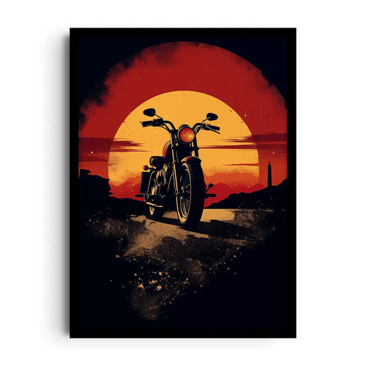 Framed poster of a classic car silhouette cruising a coast road under warm sunset gradients, retro car wall art