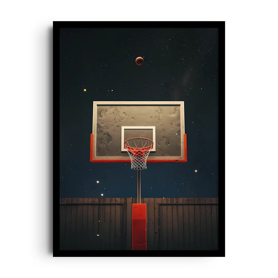 Framed poster of a basketball swishing cleanly through the net with sweeping arcs, energetic hoops wall art