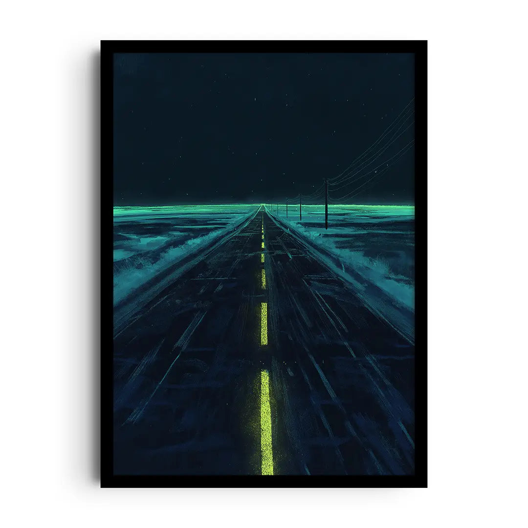 Framed poster of a solitary road stretching to the horizon beneath a dramatic sky, minimalist open road wall art