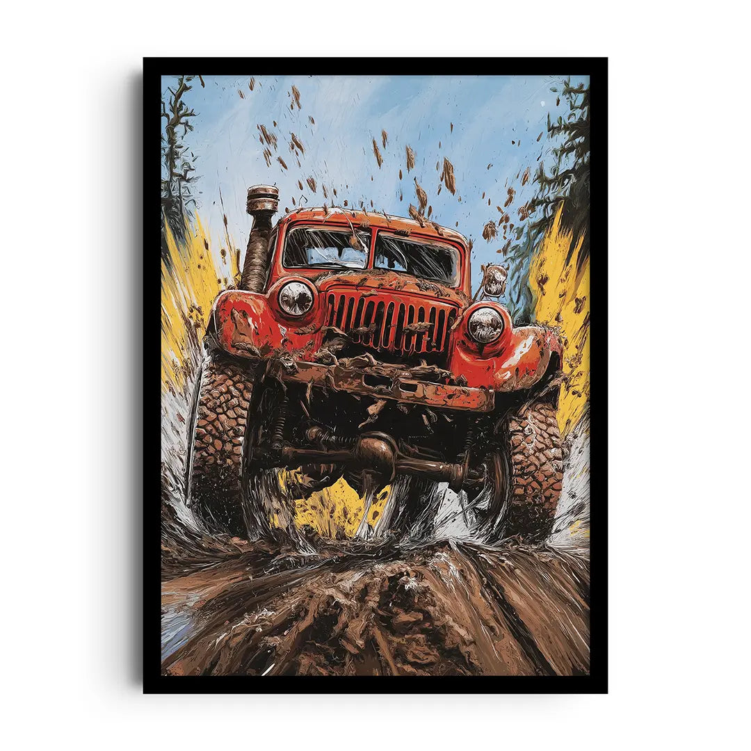 Framed poster of a powerful car surrounded by roaring motion lines and bold color, high-octane wall art