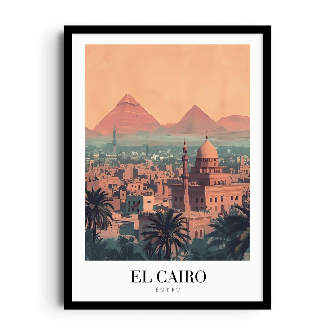 Framed poster of historic Cairo streets and minarets in warm, sun-washed golden tones