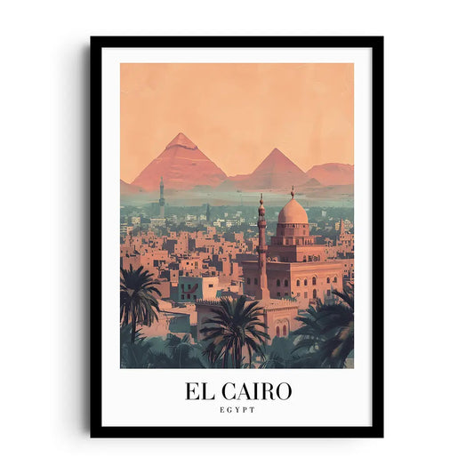 Framed poster of historic Cairo streets and minarets in warm, sun-washed golden tones