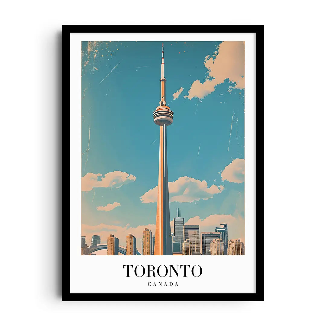 Framed poster of Toronto with modern typography, landmark hints and rich colour washes