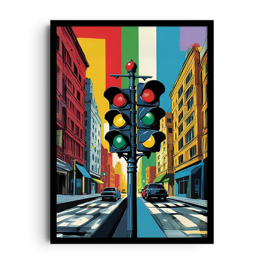 Framed poster of busy city traffic with motion lines and detailed car silhouettes, lively urban street wall art