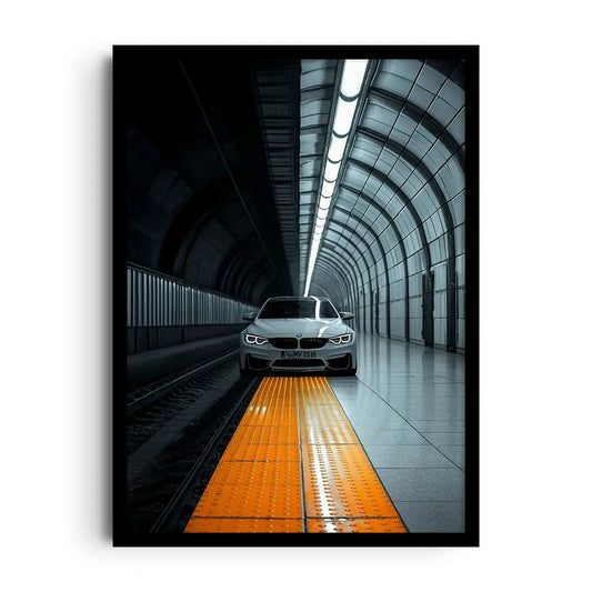 Framed poster of a classic car on a modern city street under glowing lights, cinematic urban car wall art