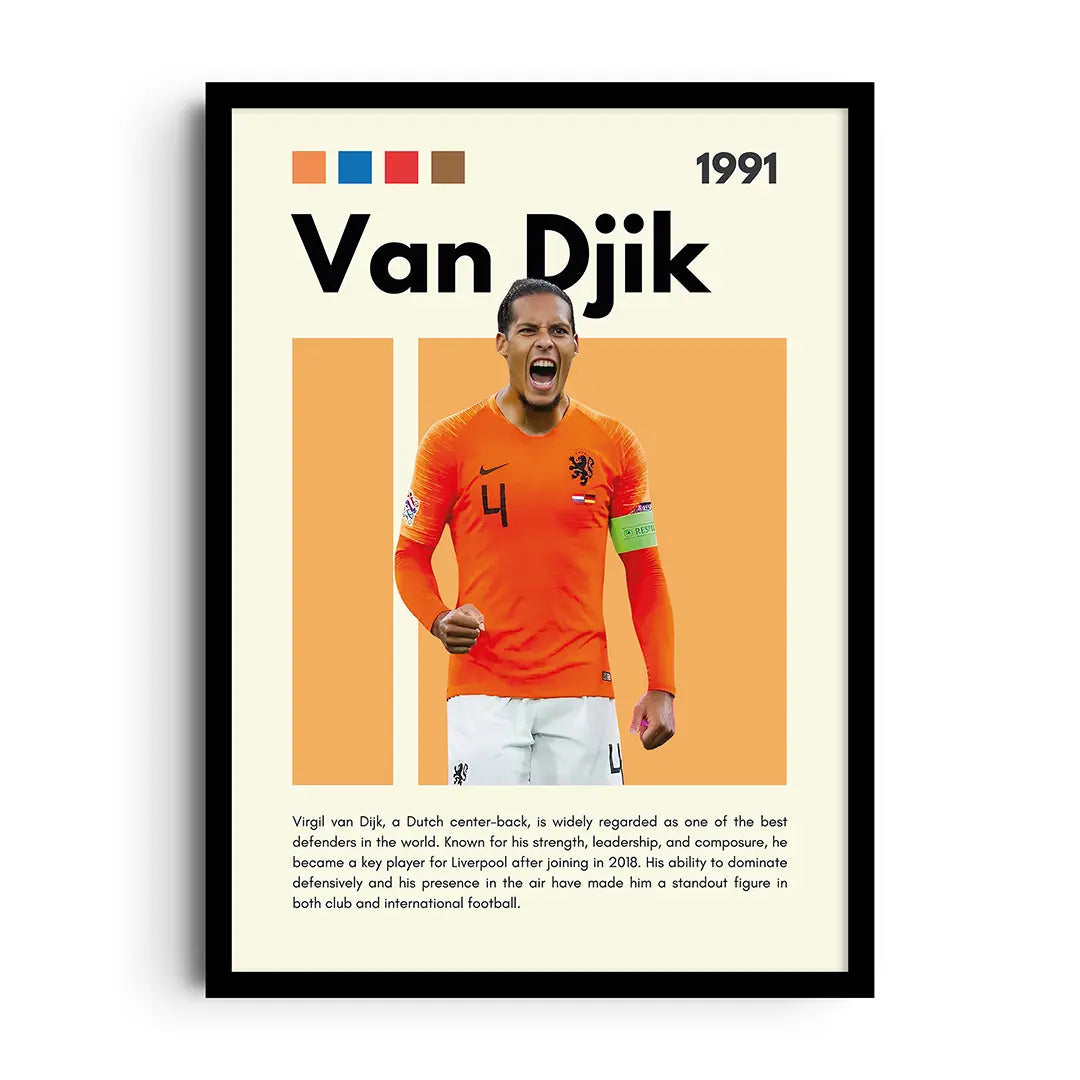 Framed stadium-style tribute poster of Virgil van Dijk with bold portrait and football motifs