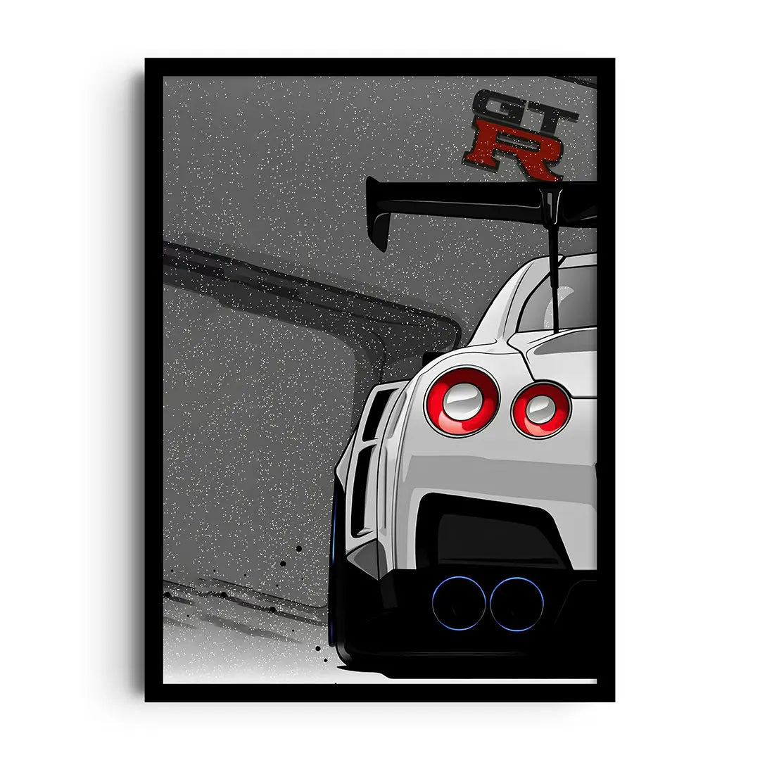 Framed poster of retro motorsport icons, racing numbers and classic car shapes in a minimal graphic layout