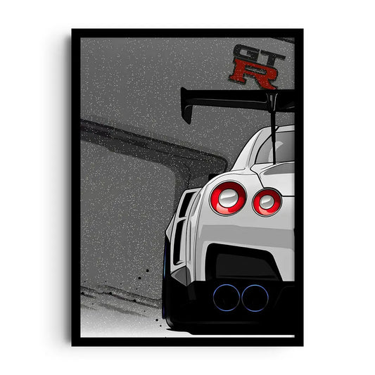Framed poster of retro motorsport icons, racing numbers and classic car shapes in a minimal graphic layout