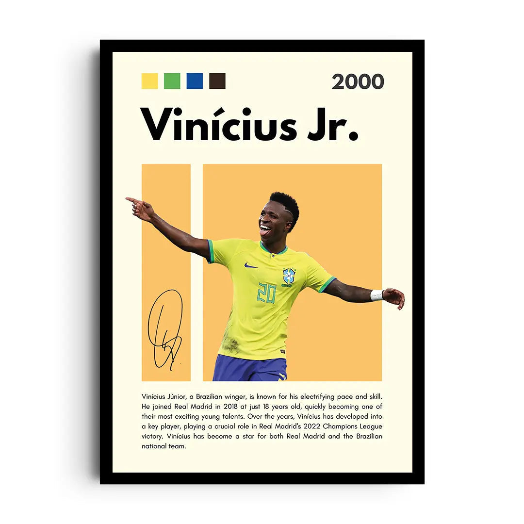Framed motion-driven poster of Vinicius Jr dribbling with bold Brazilian energy
