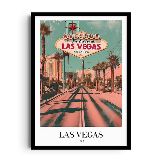 Framed poster of the Las Vegas skyline with glowing retro neon typography against a desert sky