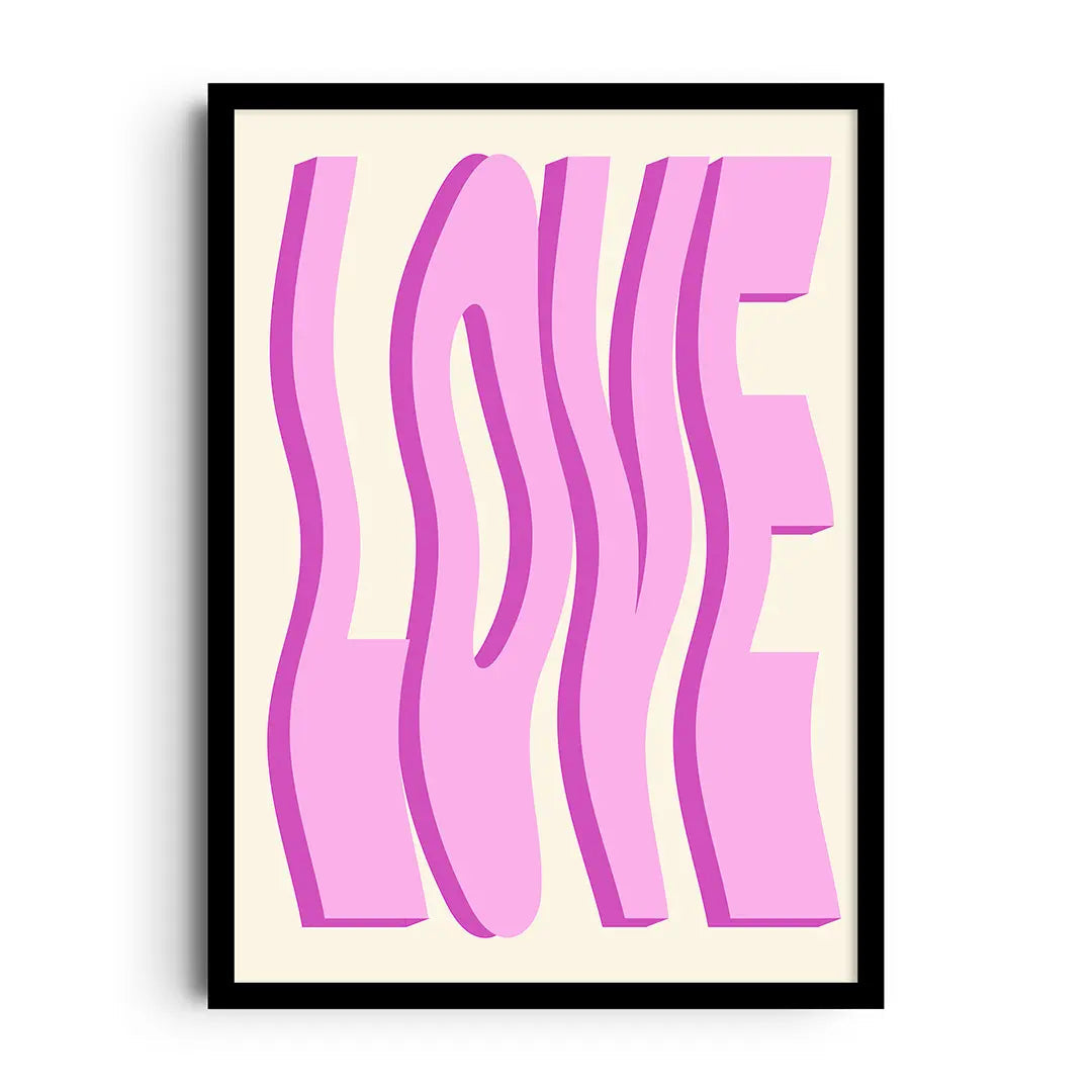 Framed playful poster of wobbly hearts and bouncy love-themed shapes in cheerful colors