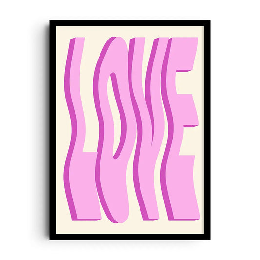 Framed playful poster of wobbly hearts and bouncy love-themed shapes in cheerful colors