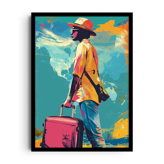 Framed poster of layered stepped geometric shapes forming a world-inspired motif in muted tones