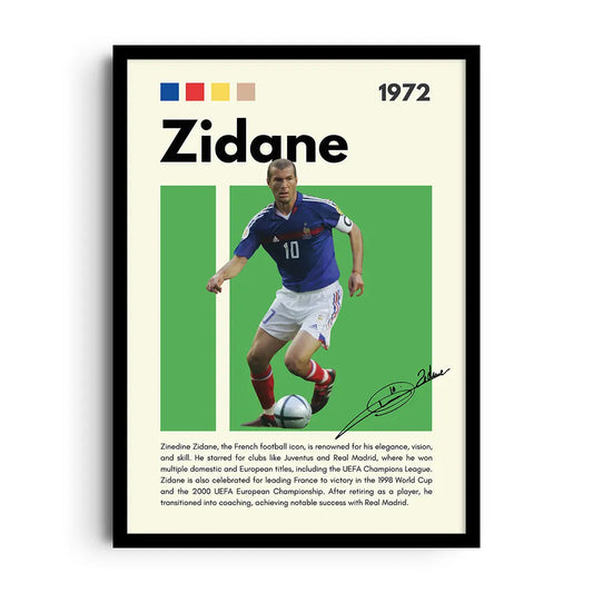 Framed action poster of football legend Zinedine Zidane in an elegant, dramatic composition