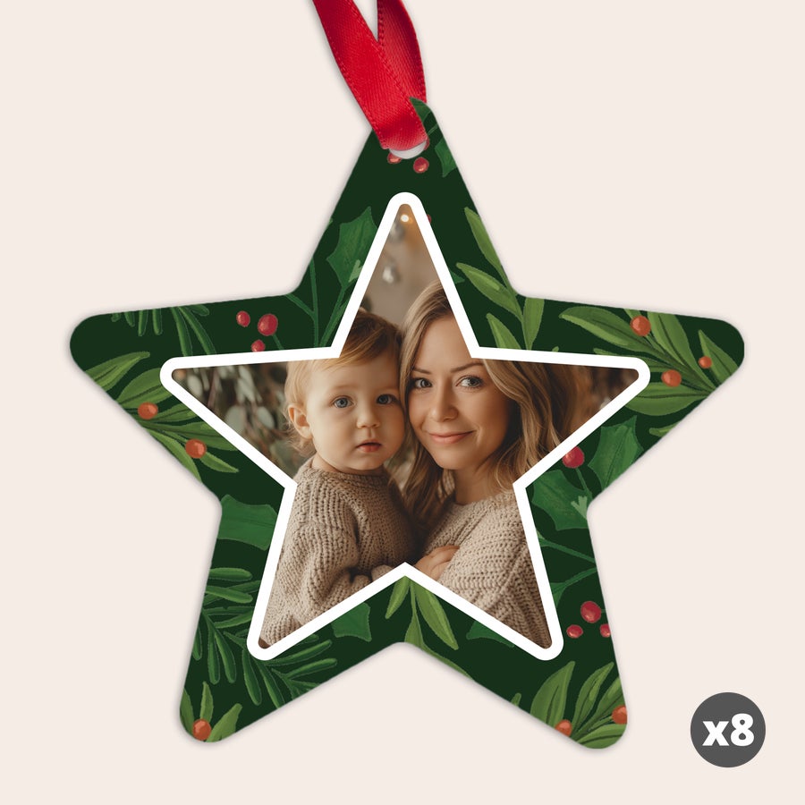 Custom printed star Christmas ornaments shown in a festive setting