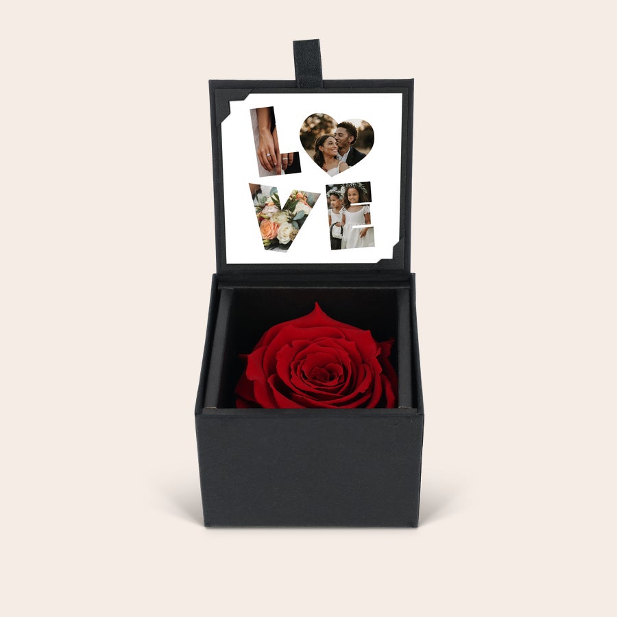 Close-up of the photo print on a personalized eternity rose