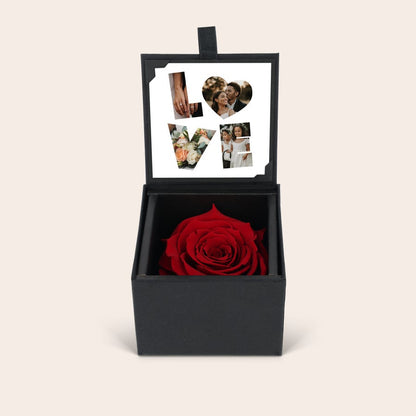 Close-up of the photo print on a personalized eternity rose
