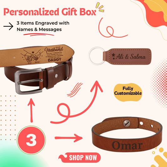 Personalized gift box containing custom belt, bracelet and key ring — a high quality personalized gift for men gift boxes Egypt. This unique gifts for men set is perfect as birthday gifts for him, gifts for boyfriend, classy gifts for men and a standout in luxury gift box Egypt. A customizable gift box combining belt gift, bracelet gift and keychain gift into one elegant gift ideas for men package