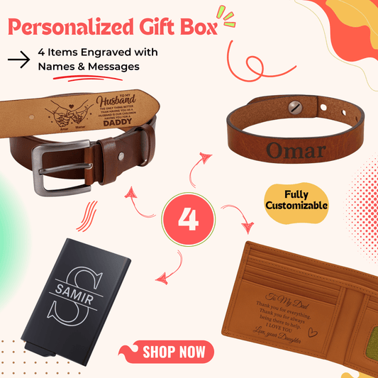 Four-item personalized gift box with belt, bracelet, wallet and card holder — a deluxe personalized gift perfect for men gift boxes Egypt. This luxury gift box Egypt set is ideal as birthday gifts for him, gifts for boyfriend, classy gifts for men and unique gifts for men. A standout in customizable gift boxes and gift ideas for men, this personalized gift box for him offers premium appeal