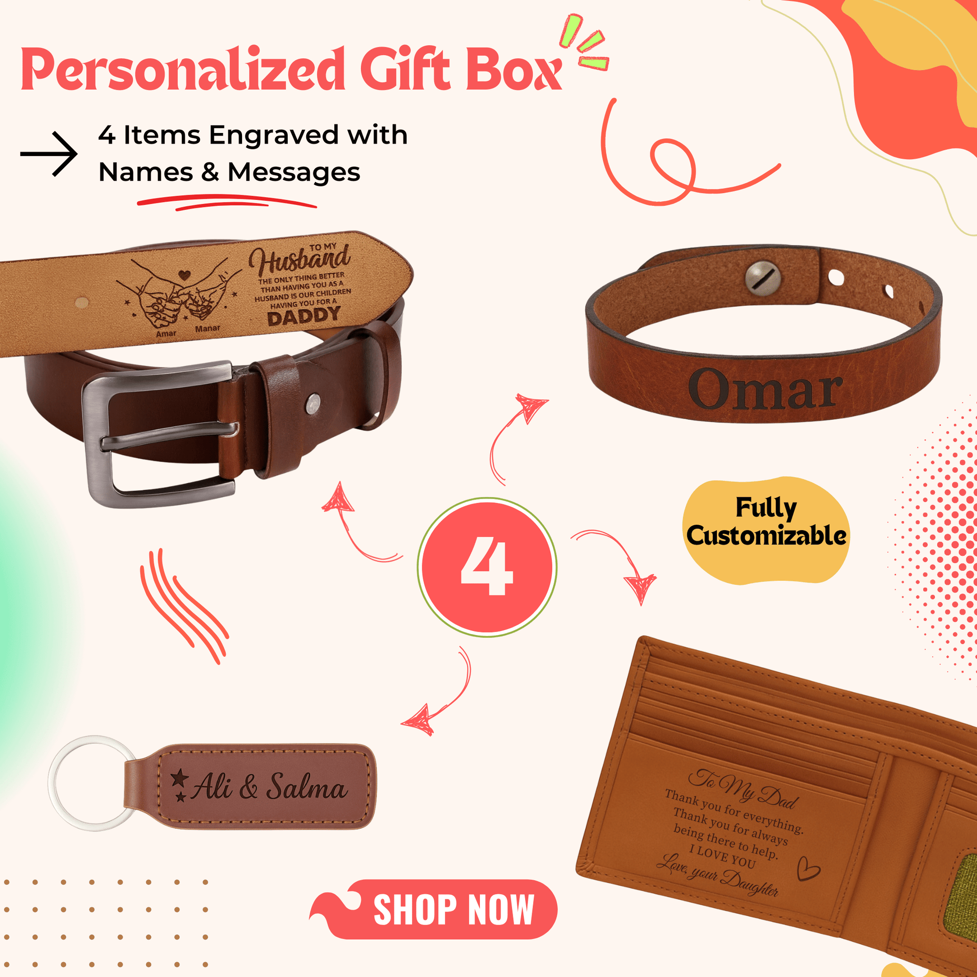 Four-item personalized gift box with belt, bracelet, wallet, and key ring — a deluxe personalized gift perfect for men in Egypt. This luxury gift box set is ideal as birthday gifts for him, gifts for boyfriend, classy gifts for men, and unique gifts for men. A standout in customizable gift boxes and gift ideas for men, this personalized gift box for him offers premium appeal