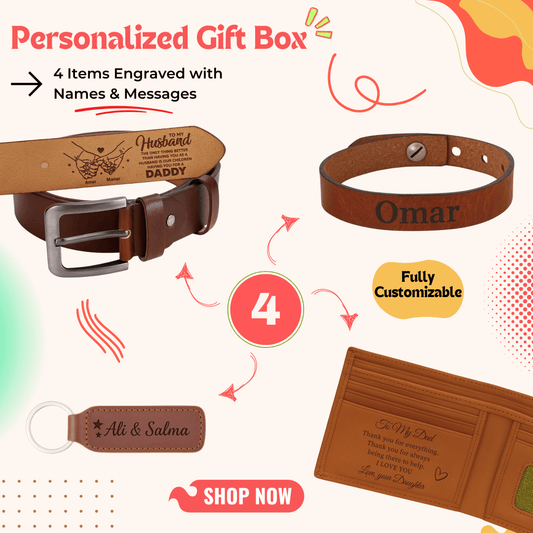 Four-item personalized gift box with belt, bracelet, wallet, and key ring — a deluxe personalized gift perfect for men in Egypt. This luxury gift box set is ideal as birthday gifts for him, gifts for boyfriend, classy gifts for men, and unique gifts for men. A standout in customizable gift boxes and gift ideas for men, this personalized gift box for him offers premium appeal