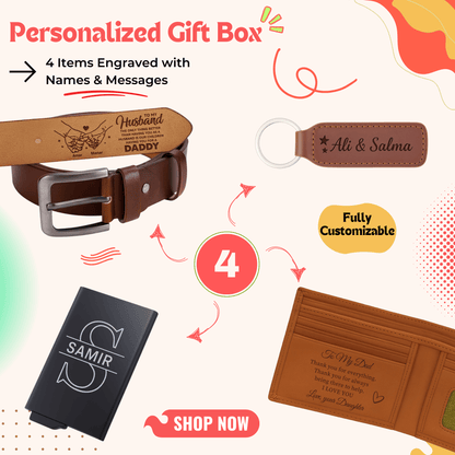 Four-item personalized gift box with belt, card holder, wallet and key ring — a premium personalized gift perfect for men gift boxes Egypt. This luxury gift box Egypt set is ideal as birthday gifts for him, gifts for boyfriend, classy gifts for men and unique gifts for men. A standout in customizable gift boxes and gift ideas for men, this personalized gift box for him is unforgettable