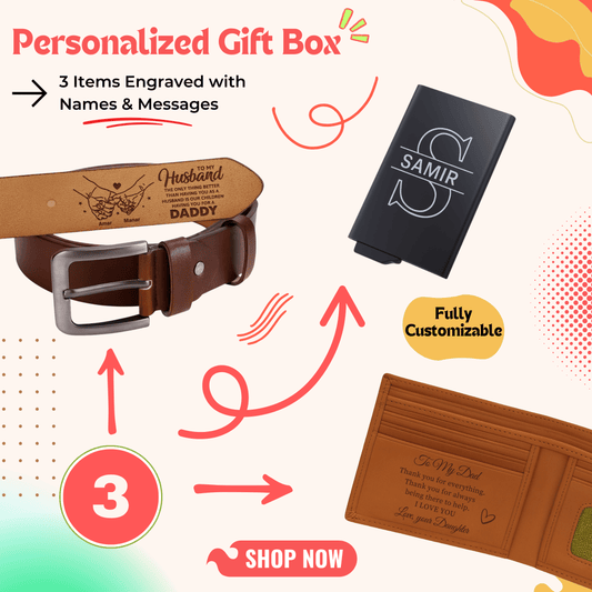Personalized gift box with belt, card holder and wallet — a premium personalized gift ideal for men gift boxes Egypt. This luxury gift box Egypt set is perfect as birthday gifts for him, gifts for boyfriend, classy gifts for men and unique gifts for men. A customizable gift box combining belt gift, cardholder gift and wallet gift into one elegant gift ideas for men package