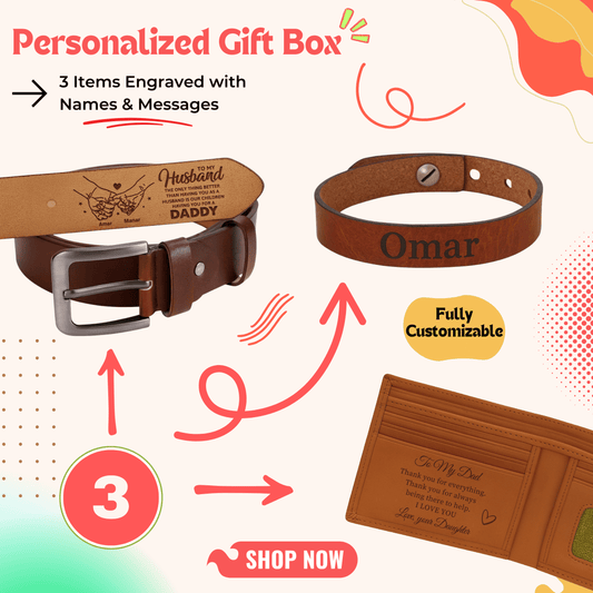 Personalized gift box with belt, wallet and bracelet — a refined personalized gift perfect for men gift boxes Egypt. This luxury gift box Egypt set is ideal as birthday gifts for him, gifts for boyfriend, classy gifts for men and unique gifts for men. A standout customizable gift box that brings together belt gift, wallet gift and bracelet gift into one elegant gift ideas for men package.