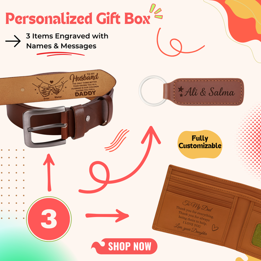 Personalized gift box with belt, wallet and key ring — a premium personalized gift perfect for men gift boxes Egypt. This unique gifts for men set makes a stylish birthday gifts for him, gifts for boyfriend, classy gifts for men and luxury gift box Egypt item. A customizable gift box combining belt gift, wallet gift and keychain gift into a memorable gift ideas for men package