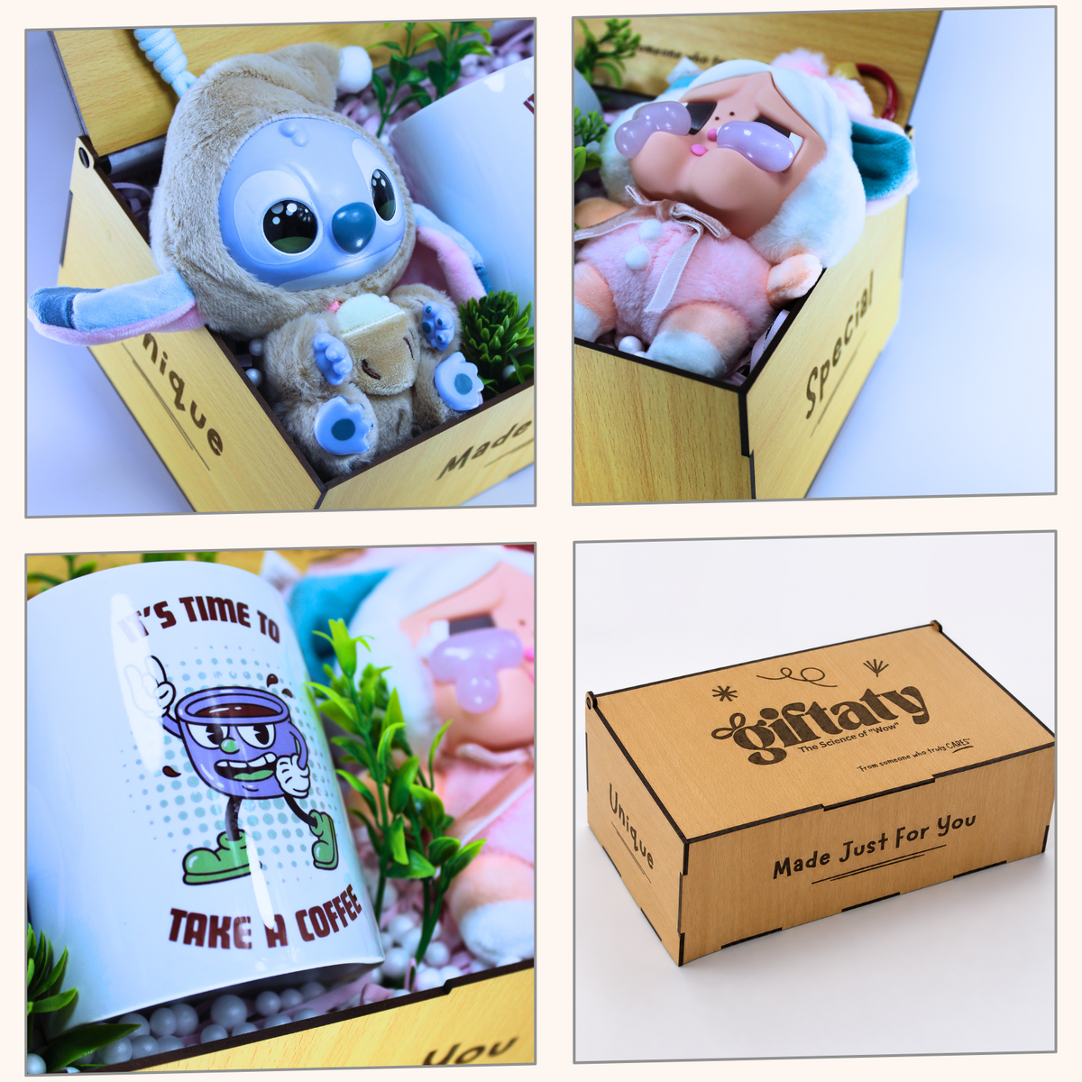 Giftaty Cheerful Duo Premium Gift Wooden Box with Mug & Plushies - Giftaty