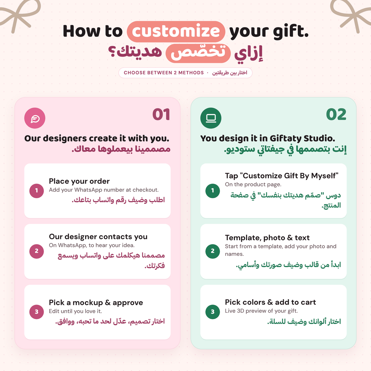How to customize your gift at Giftaty – choose between 2 methods: our designers create it with you (place your order, add your WhatsApp number, our designer contacts you, pick a mockup and approve) or design it yourself in Giftaty Studio (template, photo and text, colors, add to cart) | إزاي تخصّص هديتك من جيفتاتي: مصممينا يصمموها معاك عبر واتساب أو صمّمها بنفسك في جيفتاتي ستوديو