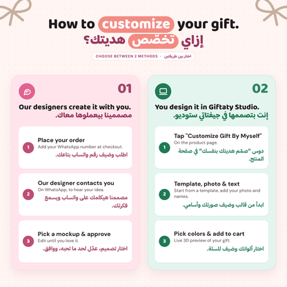 How to customize your gift at Giftaty – choose between 2 methods: our designers create it with you (place your order, add your WhatsApp number, our designer contacts you, pick a mockup and approve) or design it yourself in Giftaty Studio (template, photo and text, colors, add to cart) | إزاي تخصّص هديتك من جيفتاتي: مصممينا يصمموها معاك عبر واتساب أو صمّمها بنفسك في جيفتاتي ستوديو