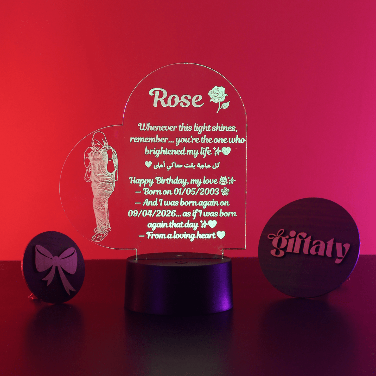 Giftaty Personalized Acrylic 3D LED Lamp Gift with Wooden Box – Custom Design, Names & Message - Giftaty