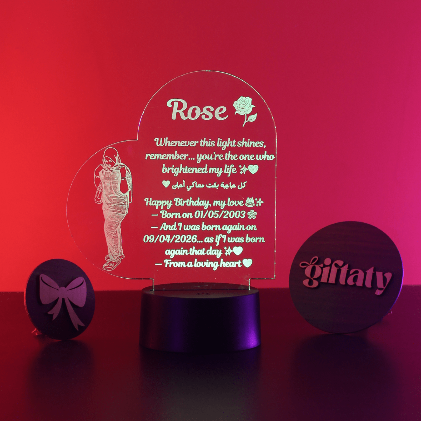Giftaty Personalized Acrylic 3D LED Lamp Gift with Wooden Box – Custom Design, Names & Message - Giftaty