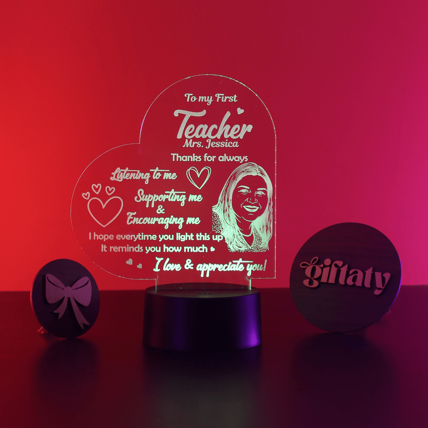 Giftaty Personalized Acrylic 3D LED Lamp Gift with Wooden Box – Custom Design, Names & Message - Giftaty
