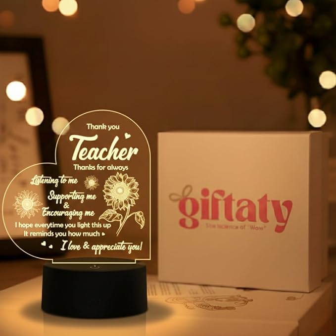 Giftaty Personalized Acrylic LED Lamp With Wooden Box – Custom Names & Message - Giftaty