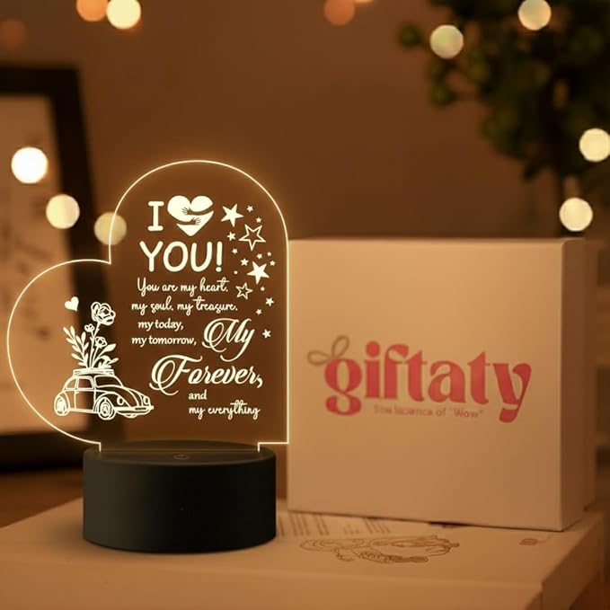 Giftaty Personalized Acrylic LED Lamp With Wooden Box – Custom Names & Message - Giftaty